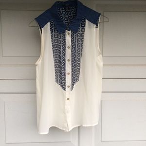 Denim and white sheer tank with collar